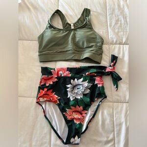 Olive Green Tank Bikini Top with Floral High Waist Bottoms